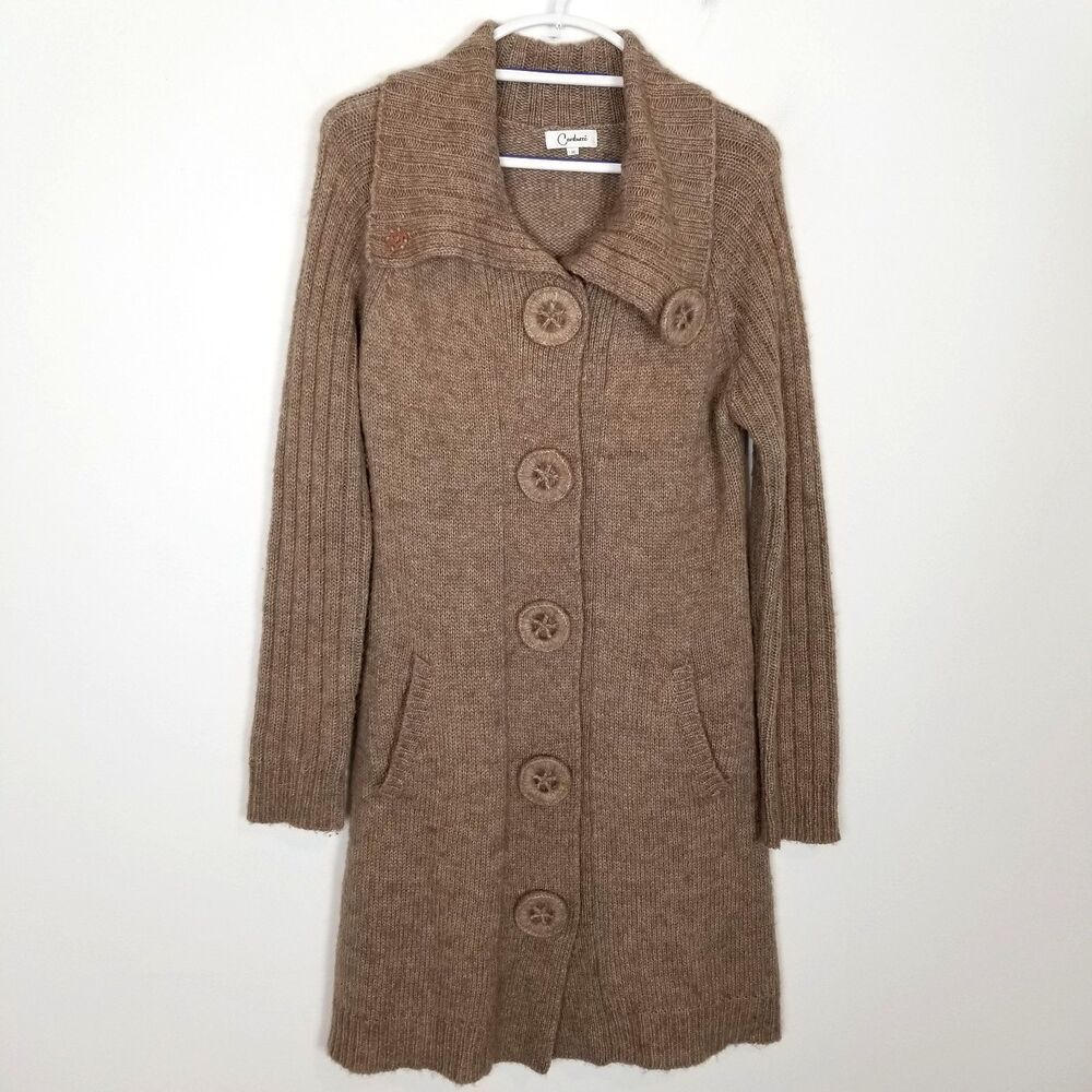Carducci Women Wool Alpaca Cardigan Sweater Sz M Beige Button Up Long Boho
